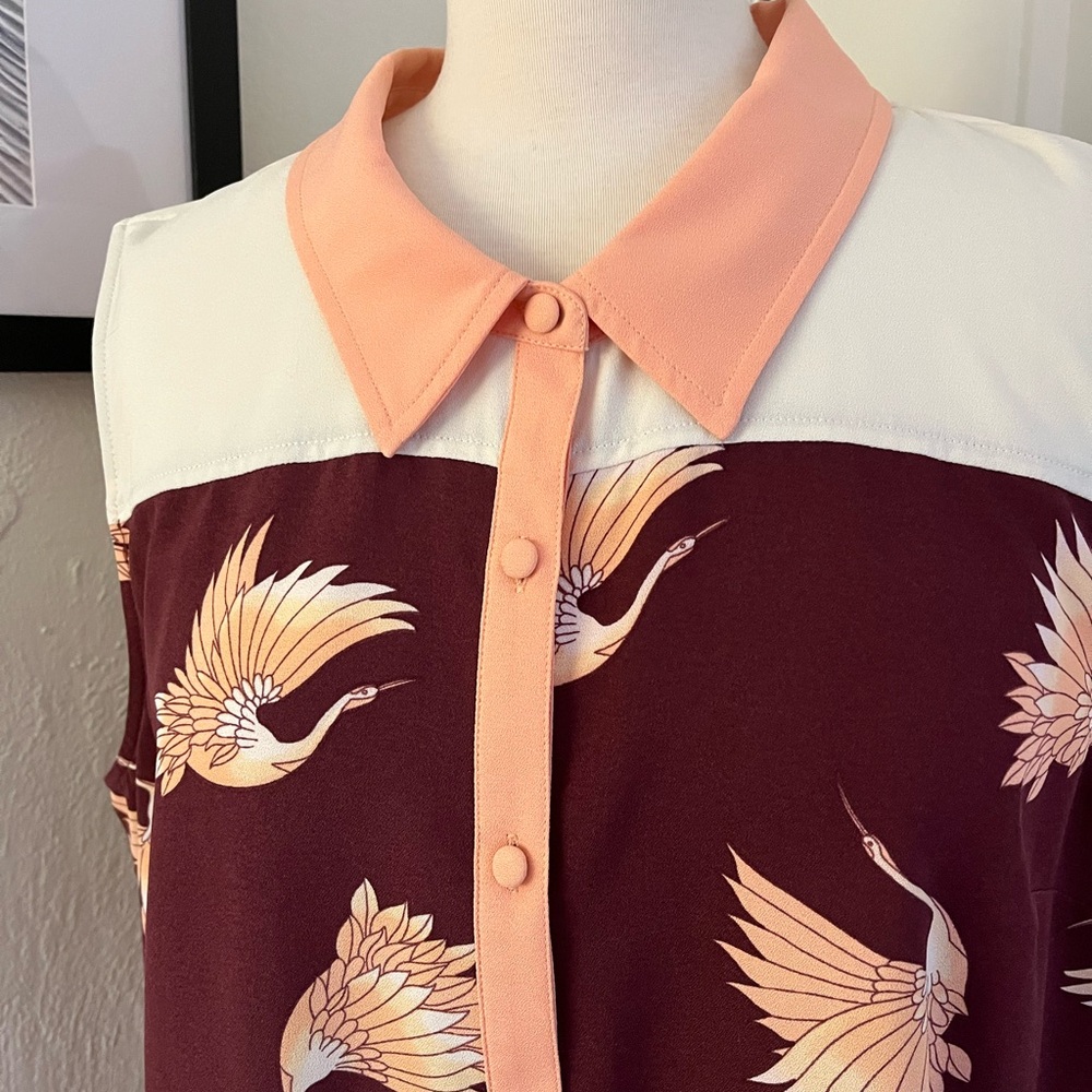 ModCloth Crane Print Button Down Sleeveless Blouse